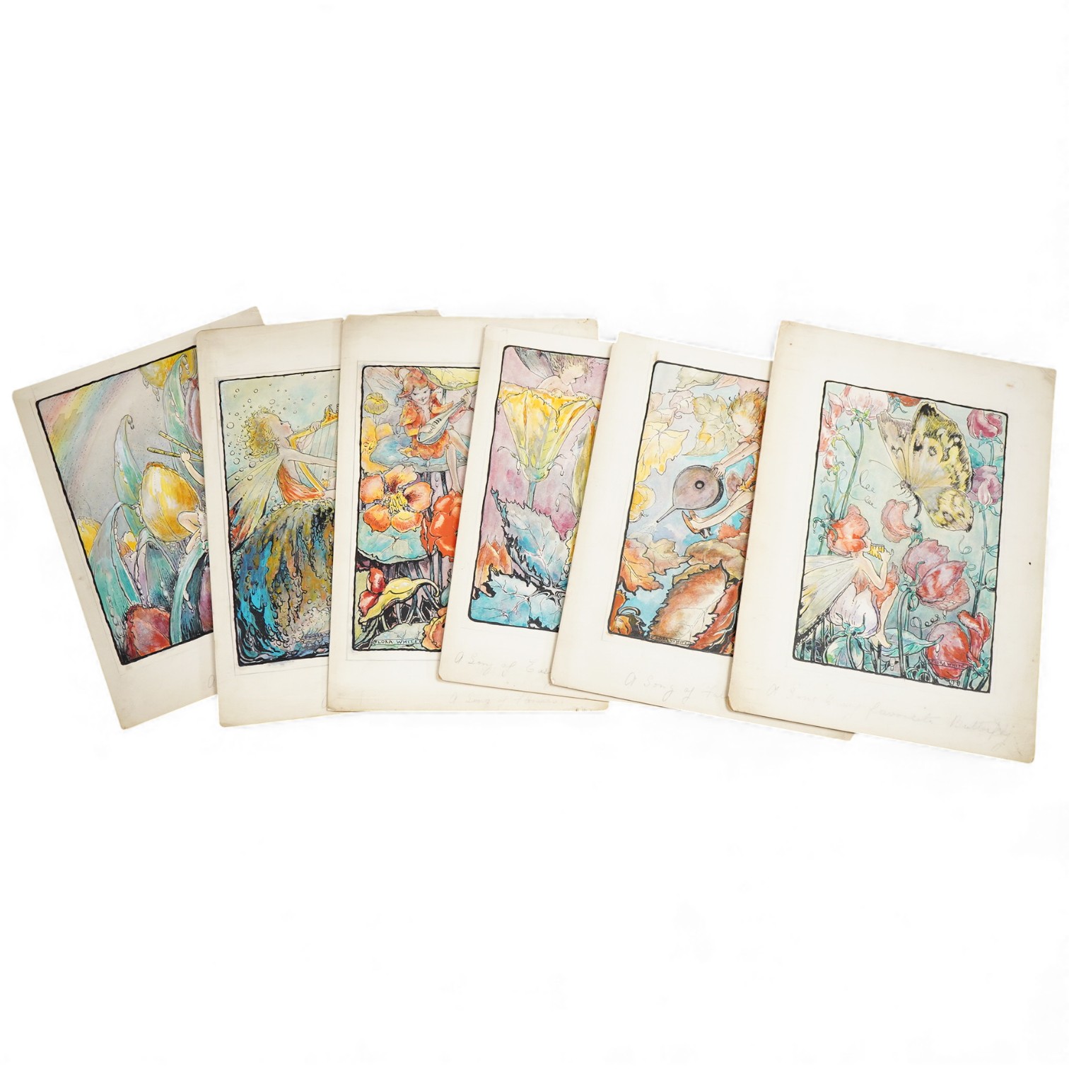 Flora White (Early 20th. C), Set of six original watercolours for childrens' postcard designs, Fairy Songs to include ‘Songs of falling leaves’ and ‘Song of early morning’, each inscribed in pencil, largest 27 x 19cm